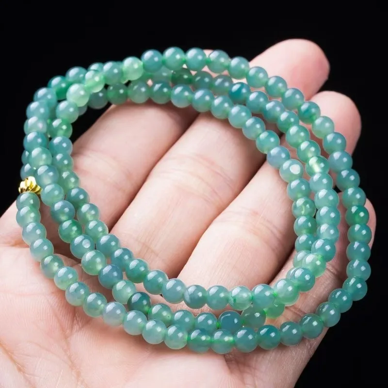 Real Natural Emerald Blue Water 5-6mm Bead Three Circles Bracelet Carved Charm Jadeite Jewelry Fashion Amulet Gifts Men Women