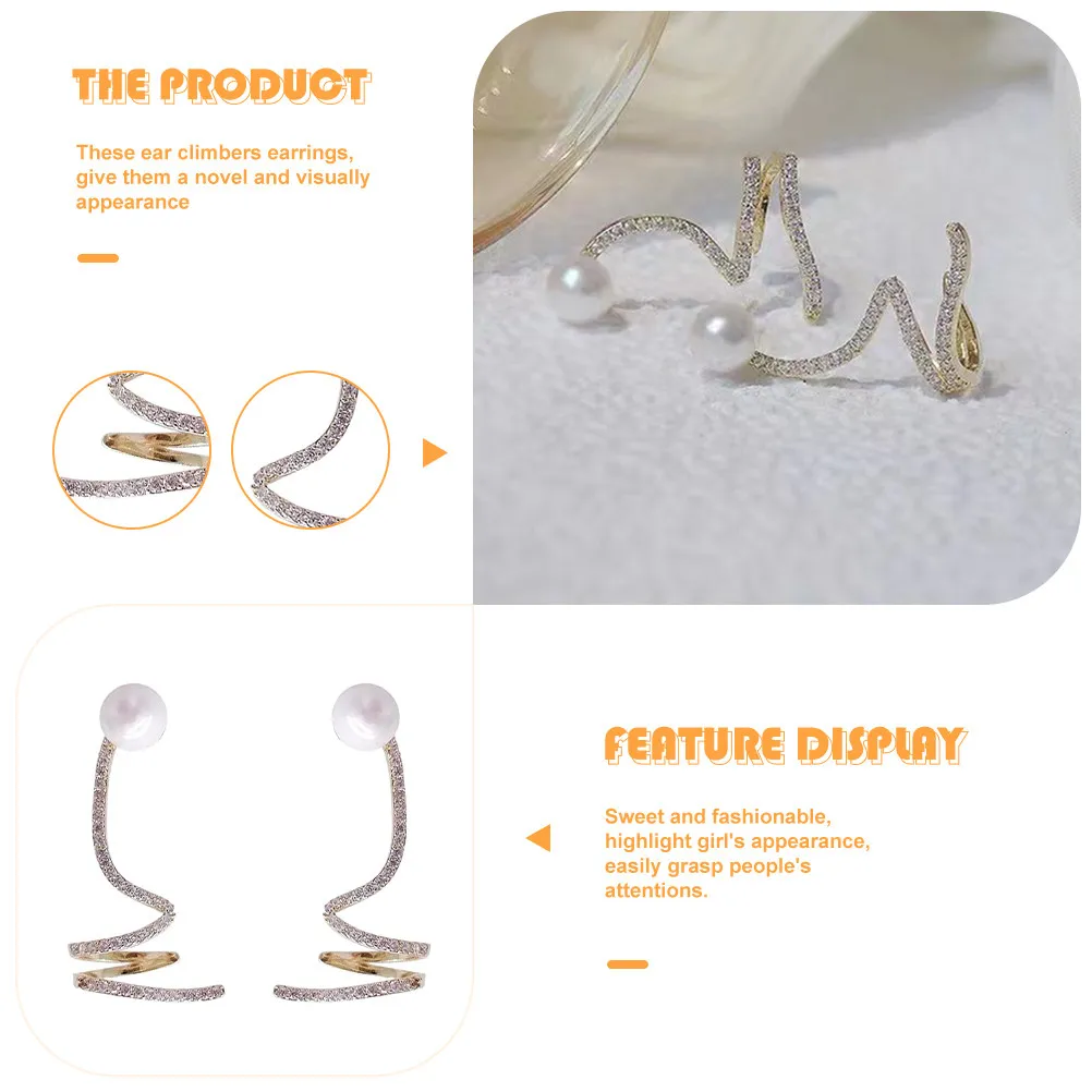 1Pair Pearl Earrings Fashionable Ear Crawler Stud Rhinestone Ear Cuffs Suitable for Weddings Parties Evening Wear