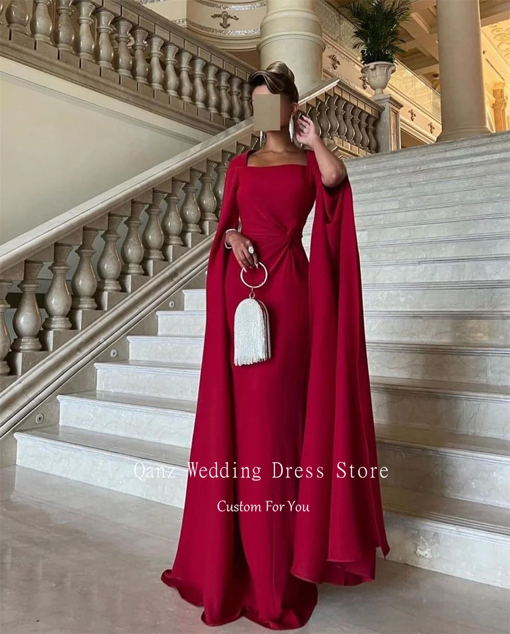 Qanz Formal Evening Dresses Long Cape Sleeves Mermaid Prom Gowns Celebrity Women Party Dress Vestidos De Noche Customized