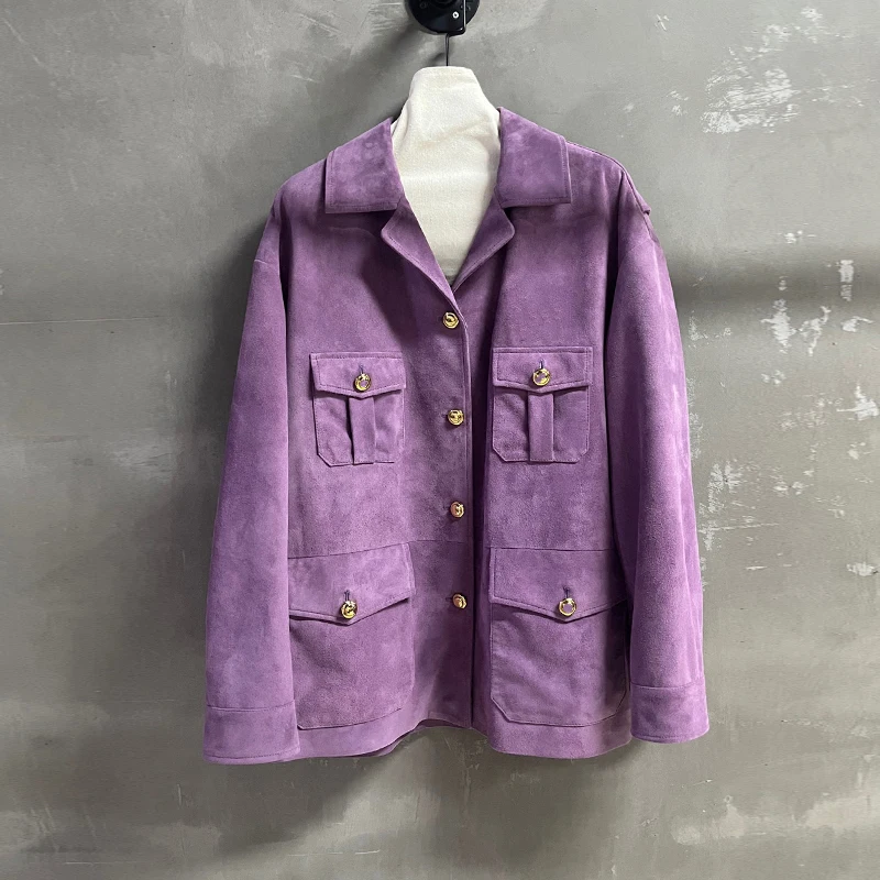 Hohe Luxus Importiert Kid Wildleder Frauen Echt Leder Blazer Jacke Klassische Revers Weibliche Taschen Beiläufige Lose Sheepksin Blazer Mäntel