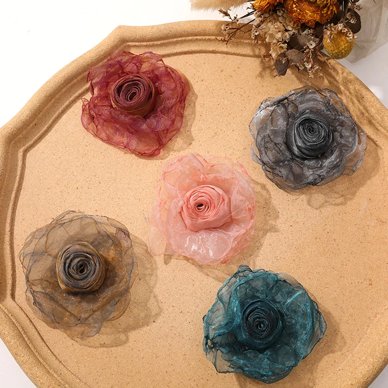 1pc 8cm 3D Chiffon Organza Rose Flower Fabric Flower Patch Handmade DIY Crafts Children Hairpin Decoration Clothing Accessories