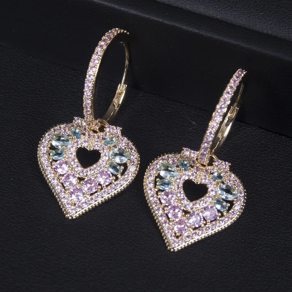 Hot Sale 18K Real Gold Plating Luxe Koper Ingelegde Zirkoon Hart Oorringen Elegante Sweet Dames Koreaanse Sieraden Oorbellen