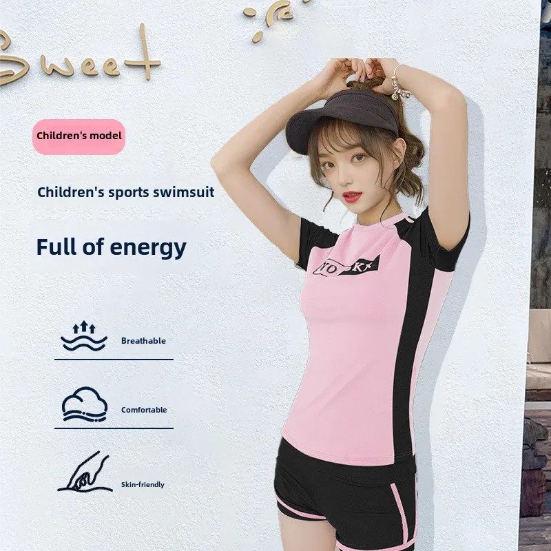 Teenage Children Pink Swimsuit School Girl Conservative Two-piece Flat-angle Shorts Hot Spring Split Swimwear for Young Girl