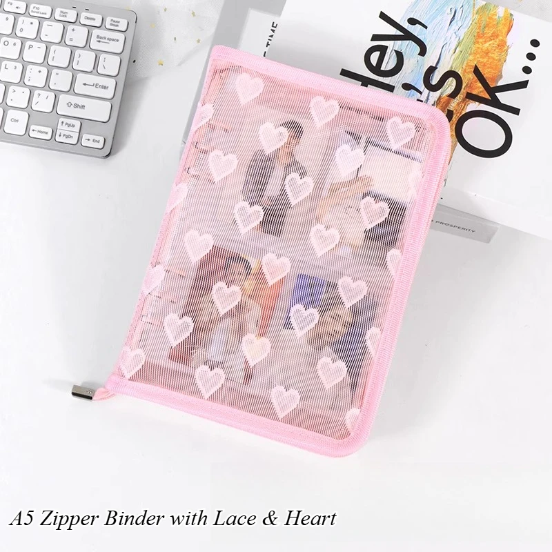 

Kawaii A5 Lace Binder - Heart Zipper Notebook for Kpop Collection & School | Japanese Style Purple Photo Card Organizer