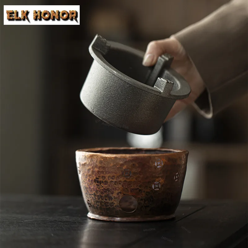 Handmade Purple Copper Hammered Tea Warmer Holder Candle Heater Stove Kettle Stand Boiling Water Carbon Furnace Tea Ceremony