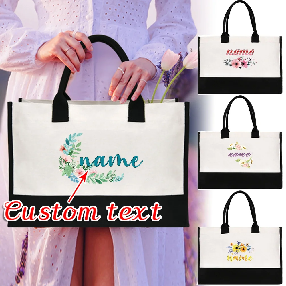 

Персонализированная сумка для покупок с индивидуальным именем из хлопка и льна, дорожные пляжные сумки на плечо, новая портативная сумка-органайзер, ручная сумка