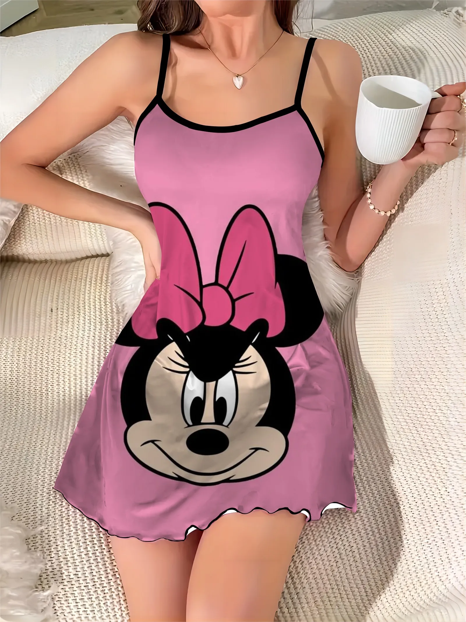 Sexy Dress Lettuce Trim Crew Neck Disney Pajama Skirt Elegant Dresses for Women Minnie Mouse Fashion Summer 2024 Chic Mini Satin