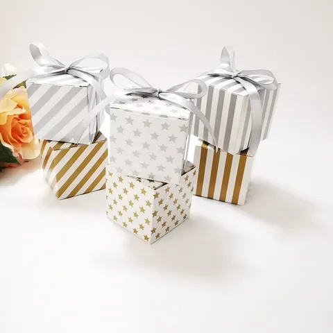 

10PCS Gold Silver Stripe Star Gift Box Candy Square Chocolate Packaging Boxes Wedding Favors Baby Shower Birthday Party Supplies