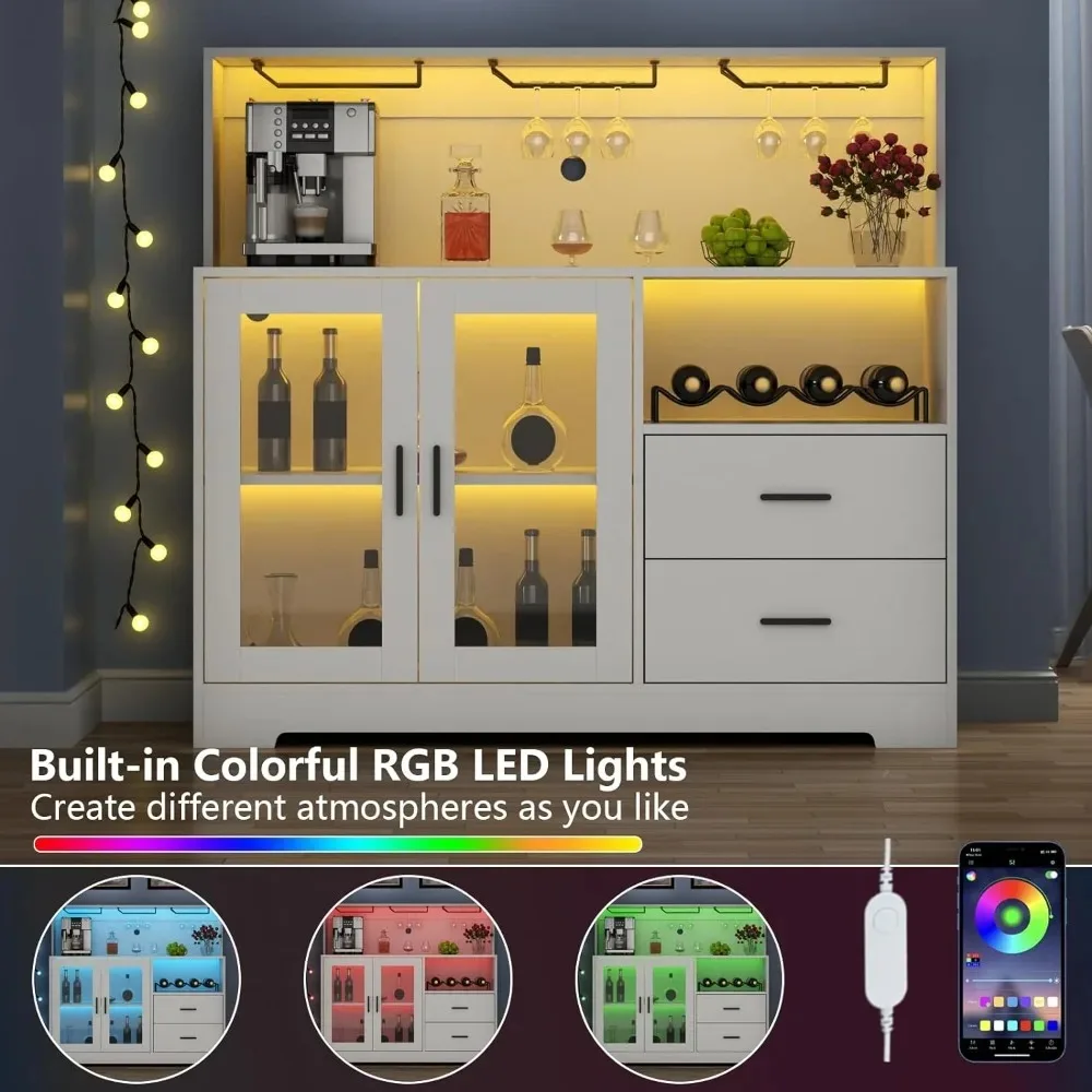 Wine Bar Cabinet com Luz LED, Home Coffee Cabinet com Vinho e Vidro Rack, Armário de Licor Moderno para Sala