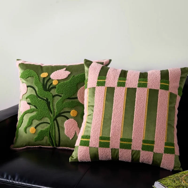 Bohemian Tufted Pillow Cover Set | Pink & Green Floral & Geometric Striped Cushion Cases | Vibrant Retro Sofa Bedroom Decor