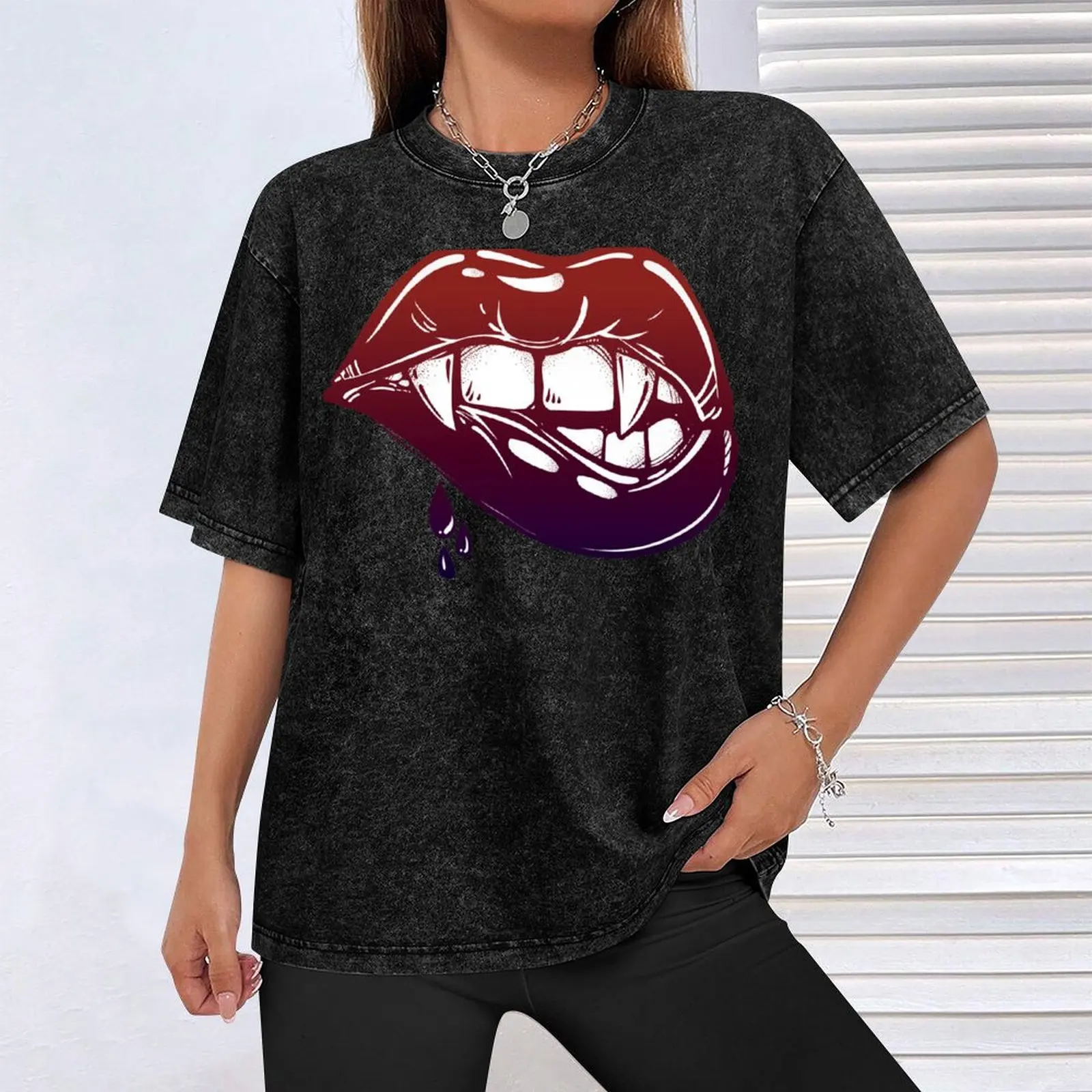 Sexy Vampire Lips with Blood Dripping T-Shirt Summer Fashion Casual Tee Shirt view 4