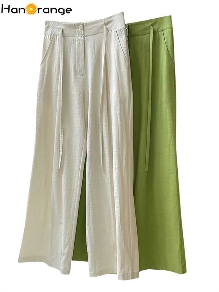 HanOrange 2024 Summer Lazy Pure Cotton Belt High Waist Wide Leg Pants Women Casual Loose Trousers Female Green Beige