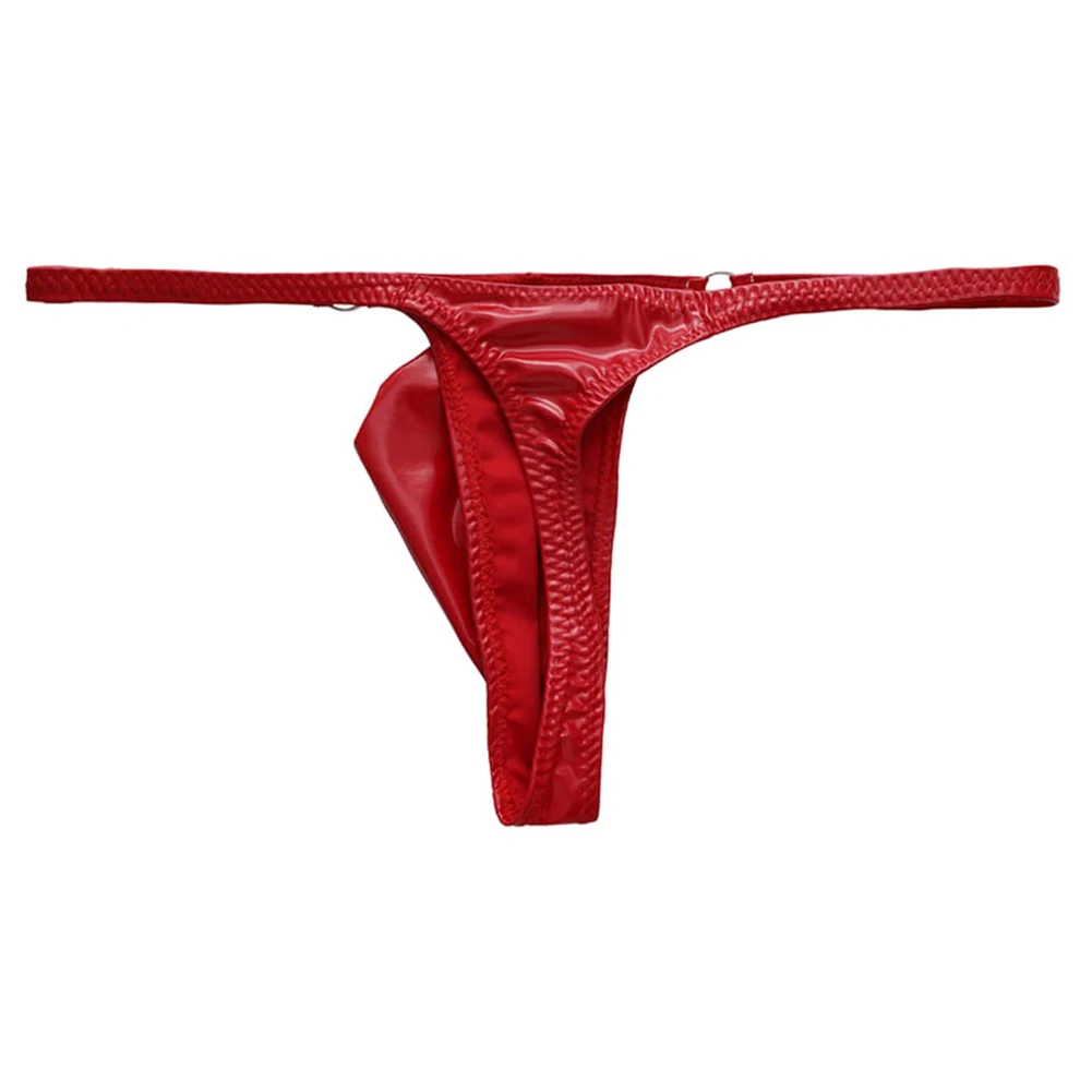 Men Shiny Leather G-strings Thongs Gay Bulge Pouch Low Waist Stretchy Underwear Sexy Gay Sissy U-convex Pouch  Lingerie
