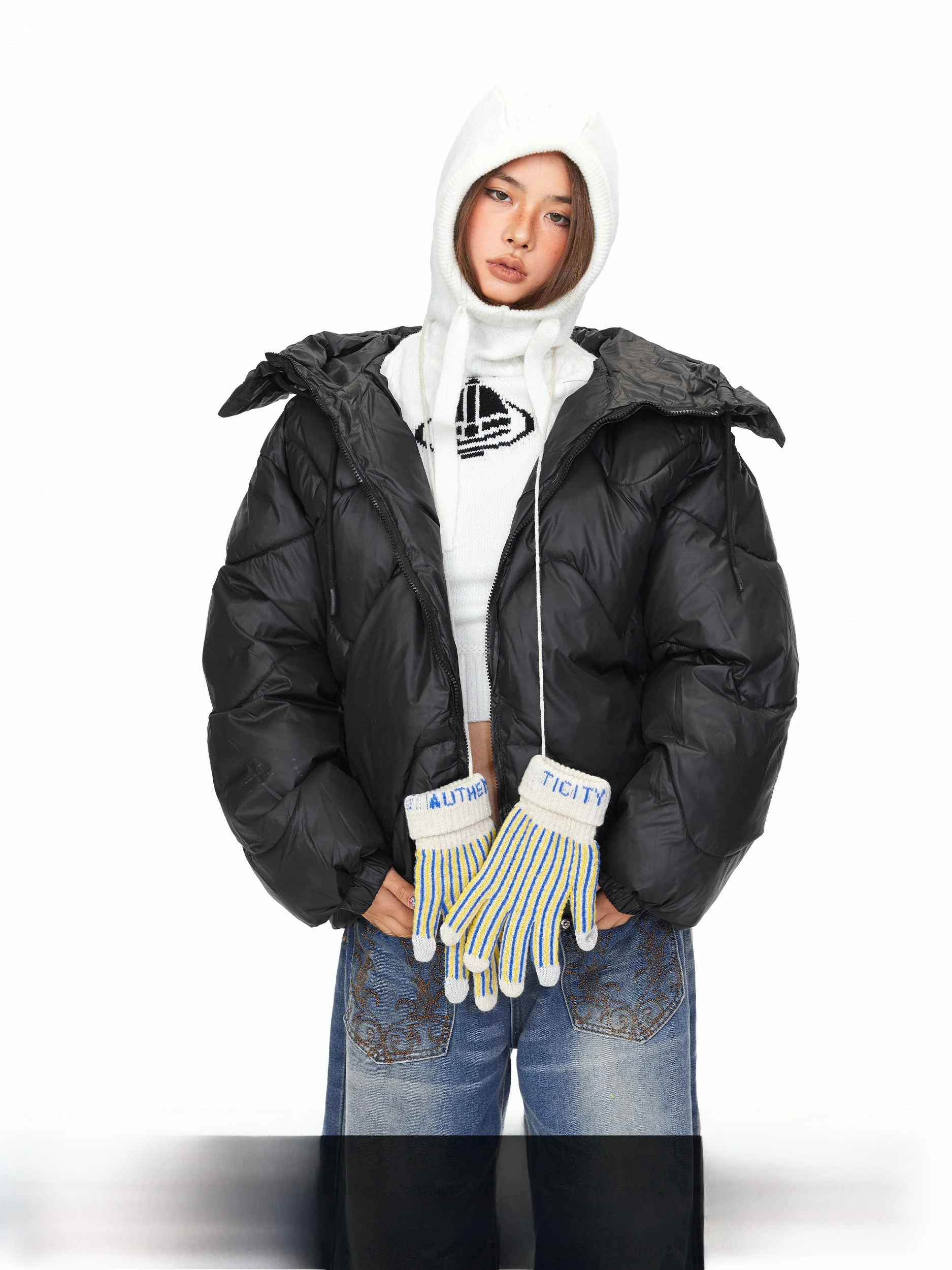 

Blabb Wave Zipper Hooded Thiened Cotton Jaet Women's Loose Casual Warm Coat Retro Sle Long Sve Polyester Filling