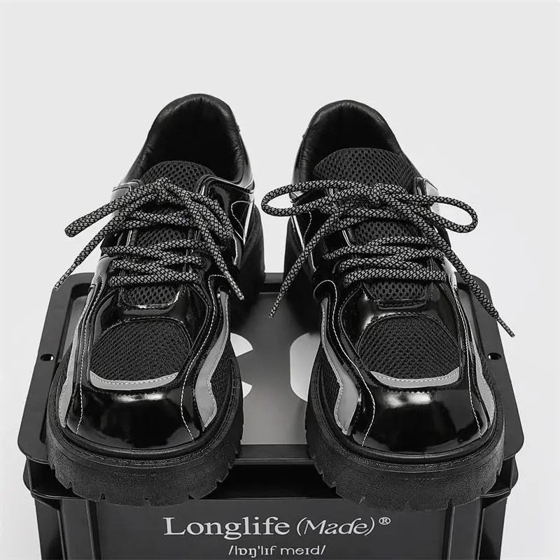 Men Spring New British Casual Height Increasing Derby Shoes Trendy Versatile Black Breathable Chunky Leather Shoes