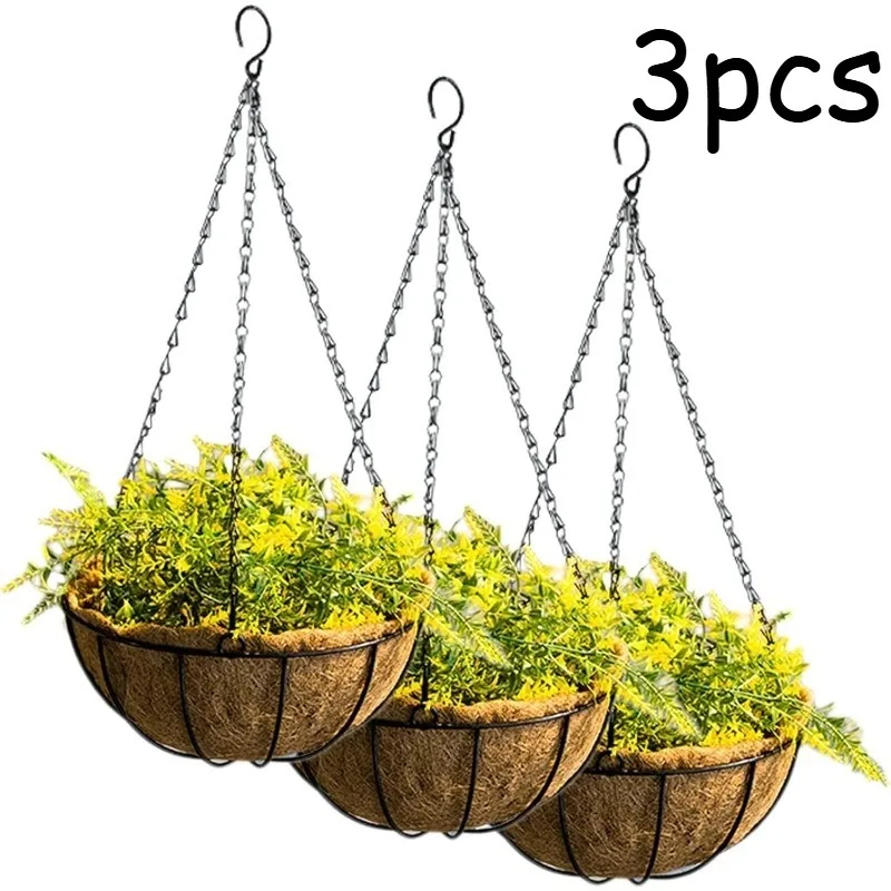 

Набор из 3-х металлических подвесных кашпо диаметром 10 дюймов с кокосовым вкладышем, круглые подвесные корзины из кокосового волокна для использования в помещении и на улице