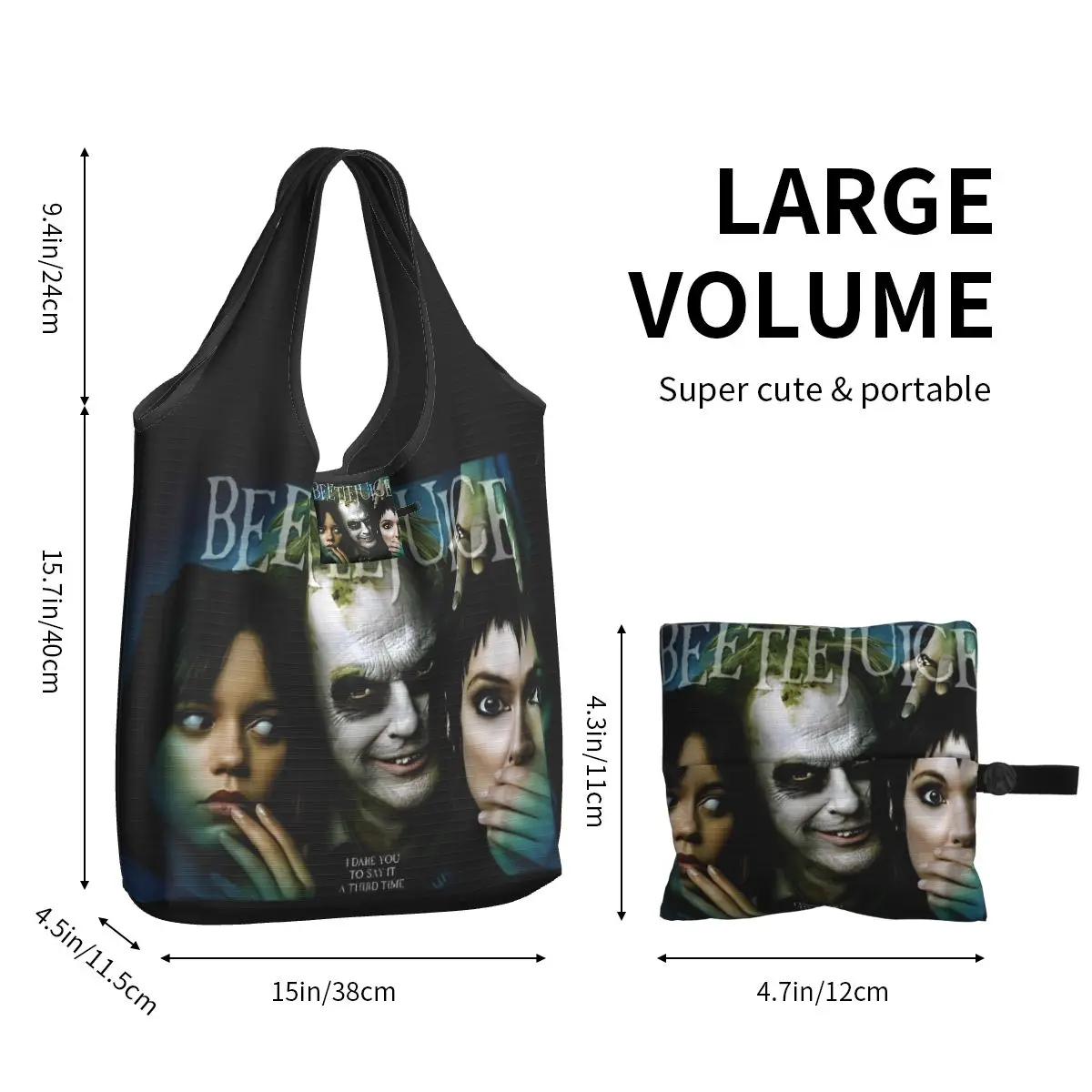 B-Beetlejuice 2 Horror Movie Reusable Shopping Grocery Bags Foldable 50LB Weight Capacity Halloween Eco Bag Eco-Friendly Durable