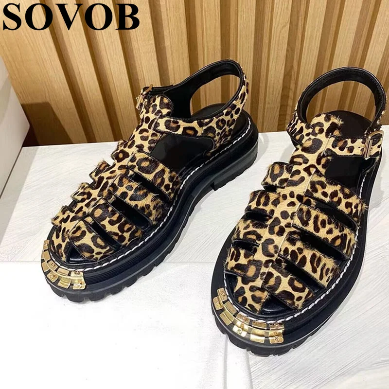 Summer Leopard Print Hollow Out Metal Decorative Sandals Women Thick Soles And Versatile Sandaria Daily Casual Commuting Shoes