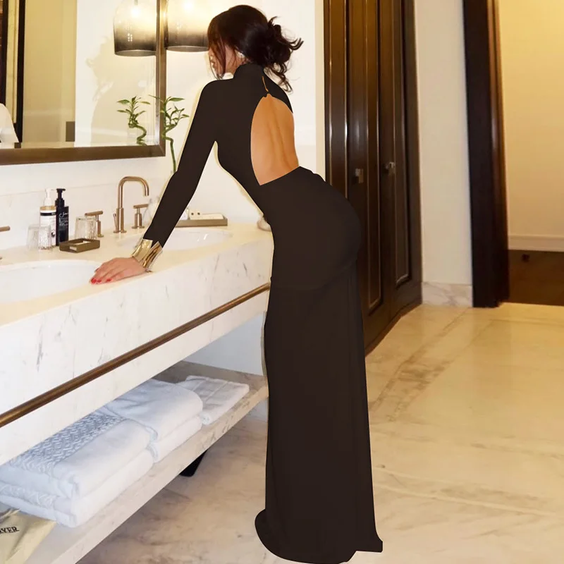 Bangniweigou Lange Mouw Slanke Geplooide Taille Terug Uitsparing Lange Jurk Vrouwen Herfst Winter Party Elegant Gewaad Wit Zwart