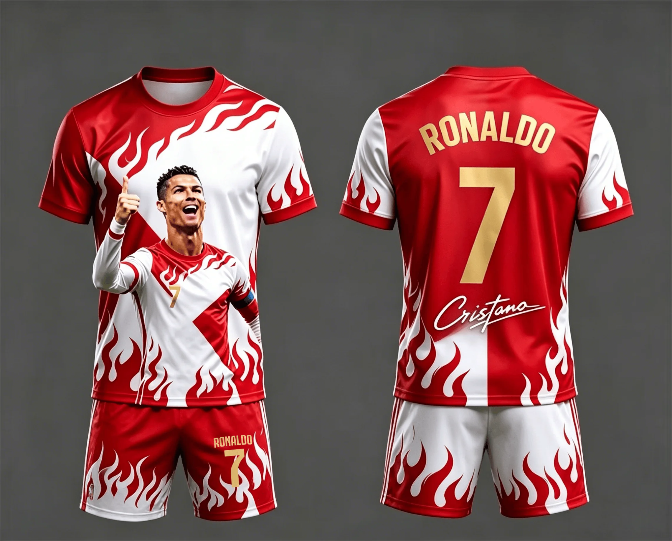 Summer 26 Portugal Ronaldo No.7 Adult/Children Outdoor Sports Design Flame Digital Printed T-shirt Shorts Large Quick Drying Set