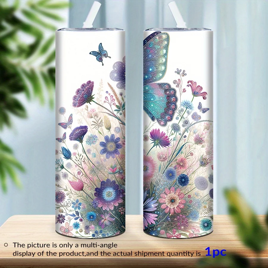 1pc 20oz Stainless Steel Vacuum Insulated Tumbler with 3D Floral Butterfly Print, Leak-Proof Lid & Straw - Spring Summer Outdoor Water Cup for Easter Mother’s Day Father’s Day Graduation Gifts, Outdoor Drinkware | Seasonal Drinkware | Stainless Steel Cup