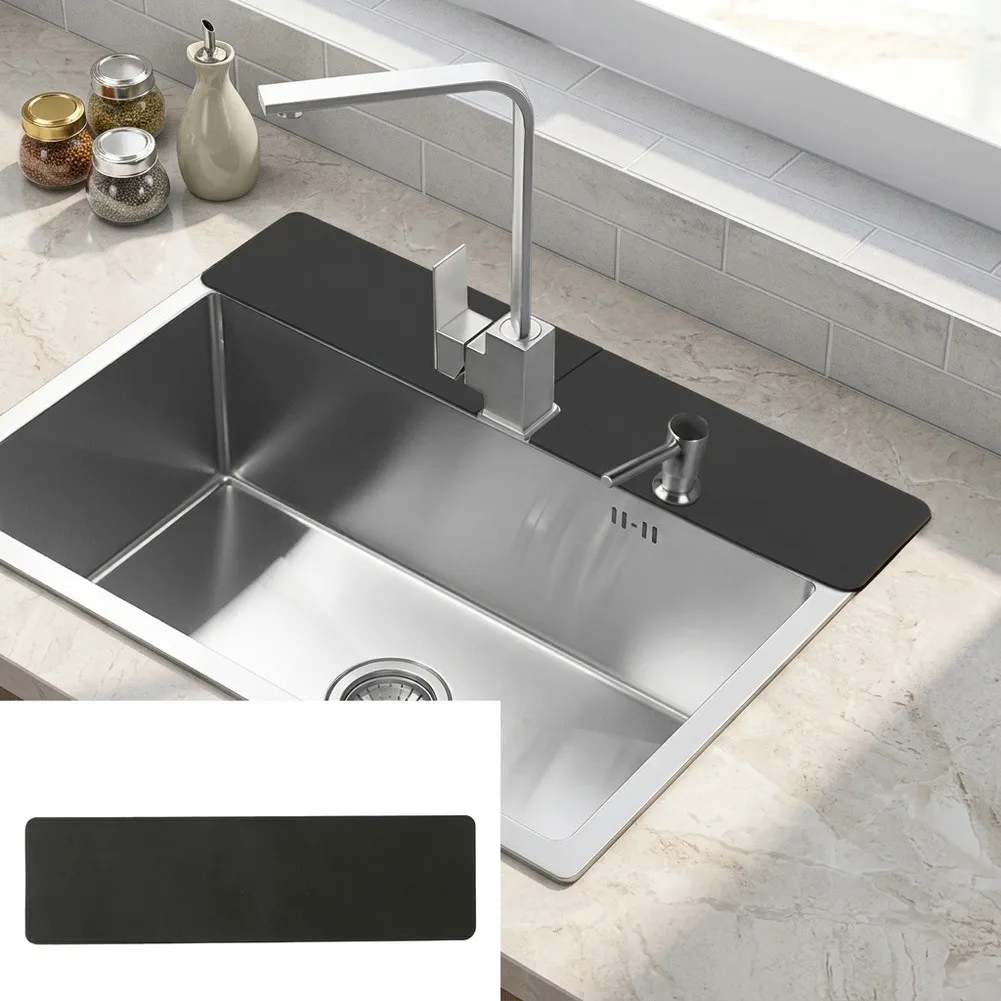 Kitchen Sink Mat 5.5 x 30 in Customizable for 2 Hole 3 Hole or 4 Hole Faucets Absorbent For Splash Guard Black