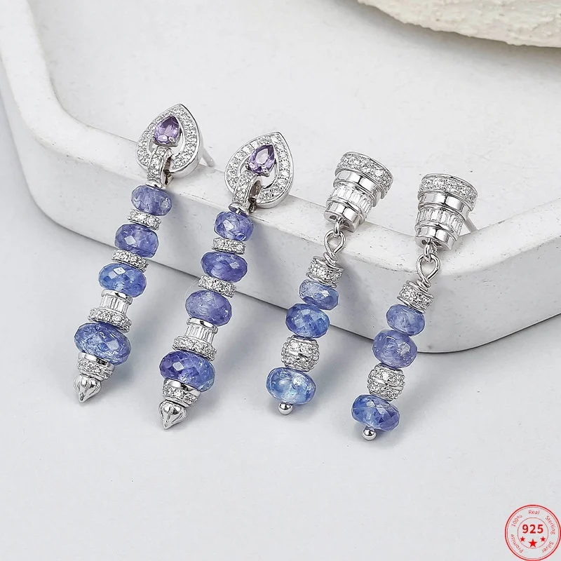 

S925 Sterling Silver Drops Earring for Women Peach Heart Tassel Tanzanite Micro Inlay Zircon Ear Drops Fashion Jewelry Wholesale