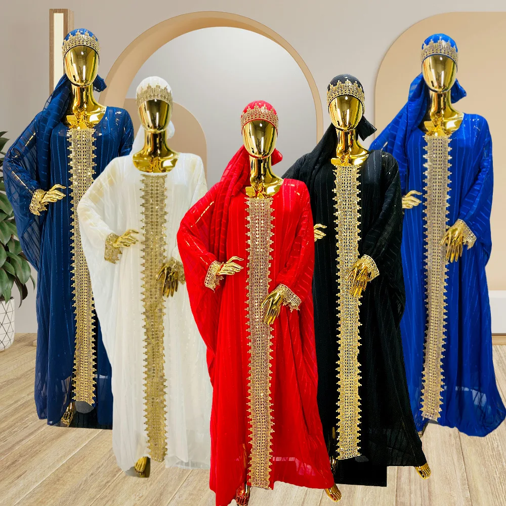 Abito da donna tradizionale africano retrò con nastro intrecciato Moda maniche svasate Abaya allentato Abito da cerimonia nuziale di lusso leggero musulmano