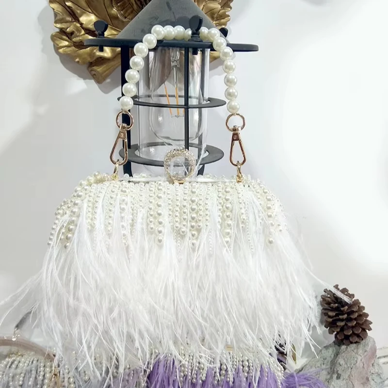 

Luxury Handbag Purse Ladies Ostrich Feather Pearl Diamond Ring Chain Women's Furry Bags Fur Purses Clutch Evening Bag