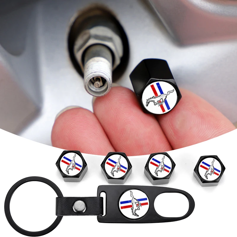 Car Wheel Tire Valve Stems Cap with Keychain Keyring Badge For Ford Mustang SHELBY GT 500 350 Convertible V Mach e Rainproof