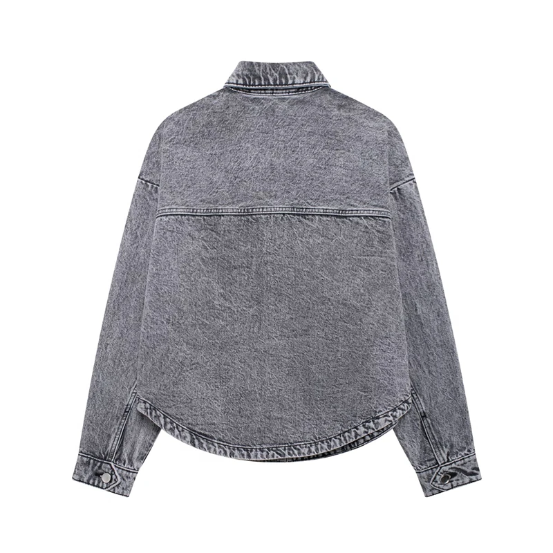 RZRA original denim jacket 2024 autumn new women\'s clothing washed gray lapel long sleeve patch pocket decoration classic style