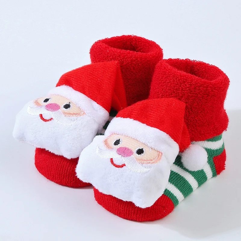 0-3T Winter Baby Sock Winter Cartoon Elk Tree Christmas Red Thick Warm Stocking Infant Anti-slip Floor Terry Sock Christmas Gift