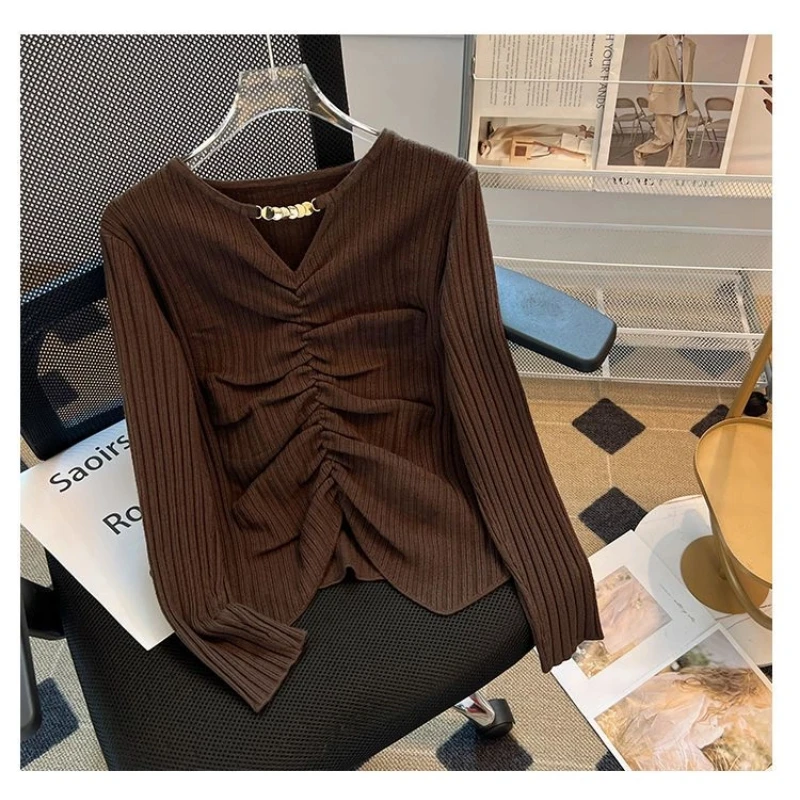 

Pleated V Neck Long Sleeve Irregular Casual Top Spring Autumn Solid Slim All-match Vintage T Shirts Office Fashion Women Clothes