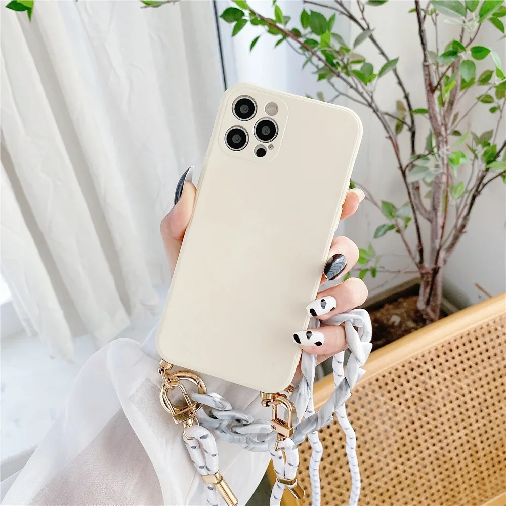 Luxury Marble Agate Chain Crossbody Lanyard Phone Case for IPhone 14 15 Plus 13 12 11 Pro Max X XS XR Max Liquid Silicone Cover