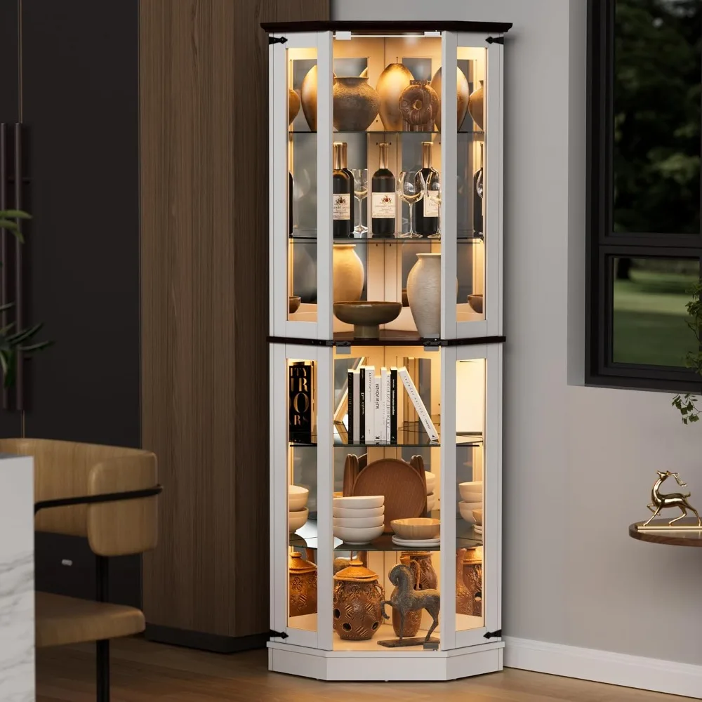-For71” Farmhouse Display Curio Cabinet With LED Lights,Tempered Glass Doors,6 Shelves,Floor Standing Display Cage Corner&