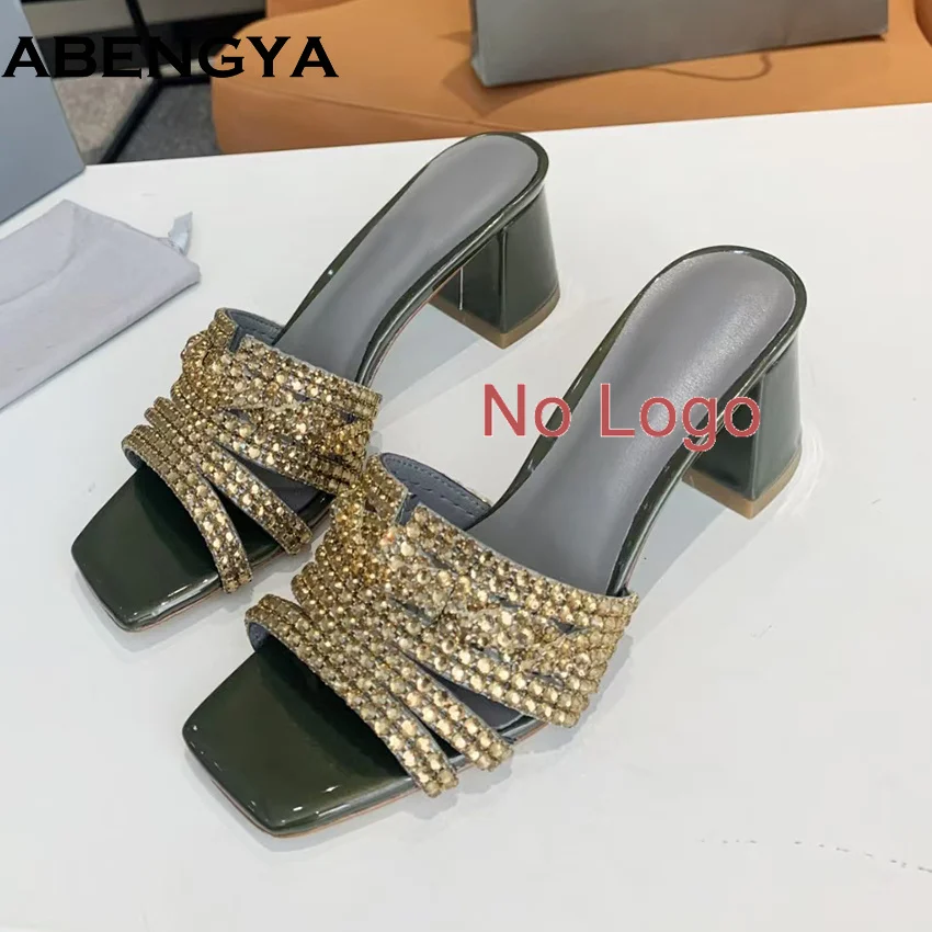 الصيف حذاء بكعب سميك المرأة النعال لامعة حجر الراين الشرائح ساحة تو السيدات عطلة أحذية الشاطئ المرأة Sandalias Mujer #5