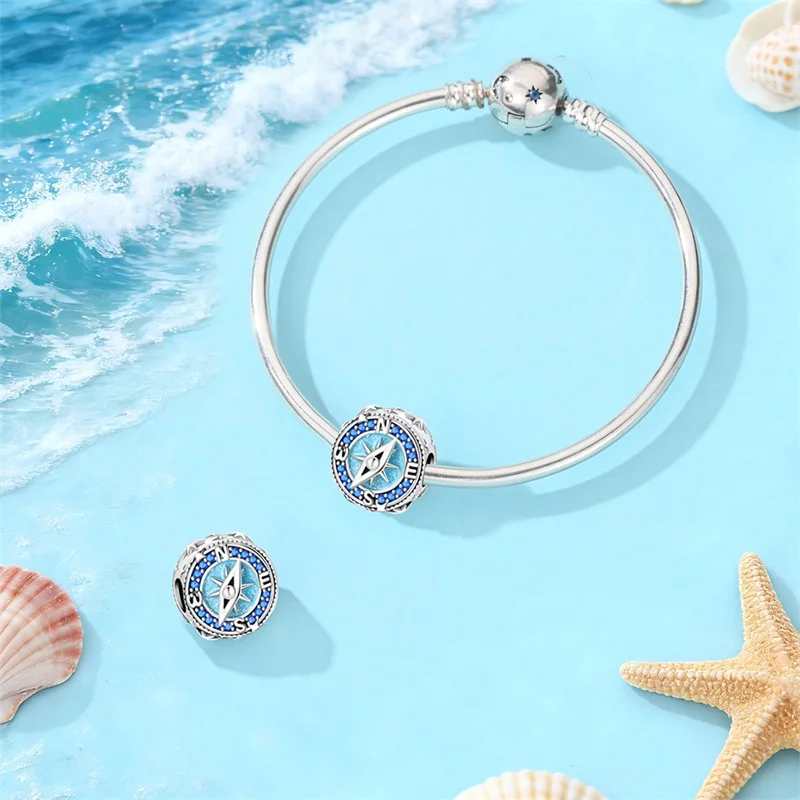 2026 New 925 Sterling Silver Compass CZ Zircon Charms Beads Fit 3mm Original Bracelet DIY Women Exquisite Birthday Jewelry Gifts
