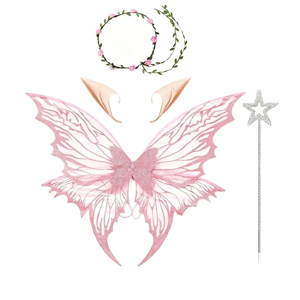 New Polyester Fairy Wings Set Magic Wand Hair Wreath Fairy Party Costume Arm Wrap Design Elf Ears Headbands for Halloween