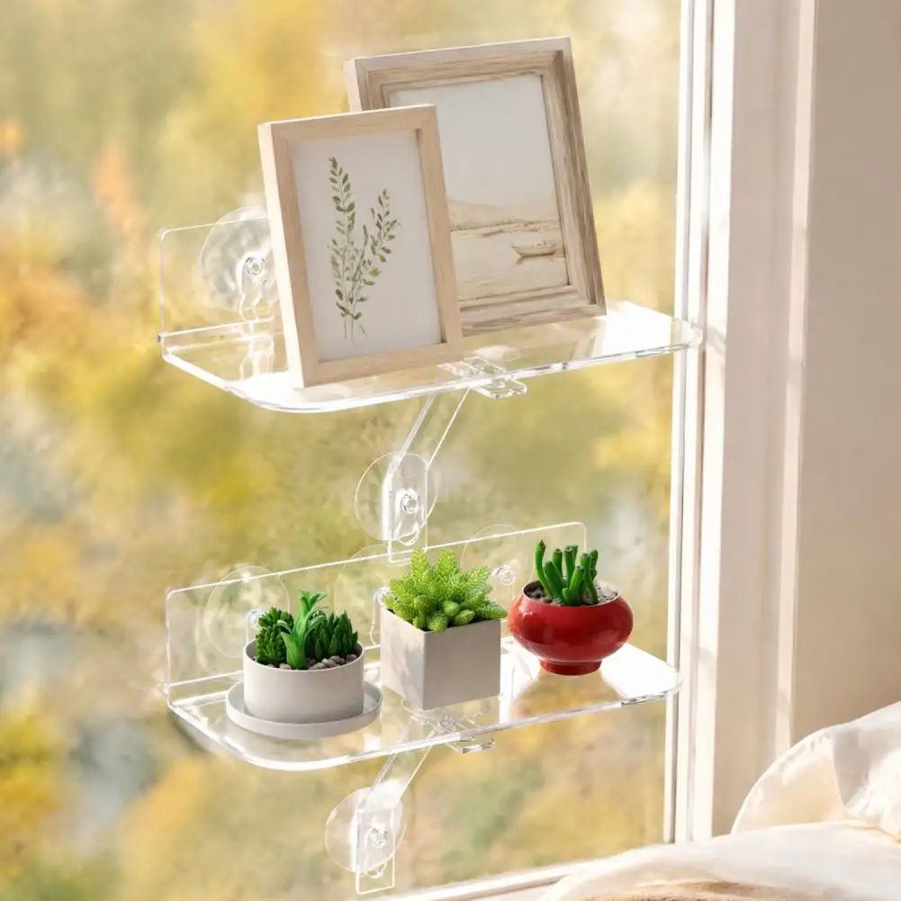 Bathroom Wall Shelf Acrylic Suction Cup Ledge Acrylic Window Sill Plant Shelf with Strong Suction Cups Floating Wall Mounted