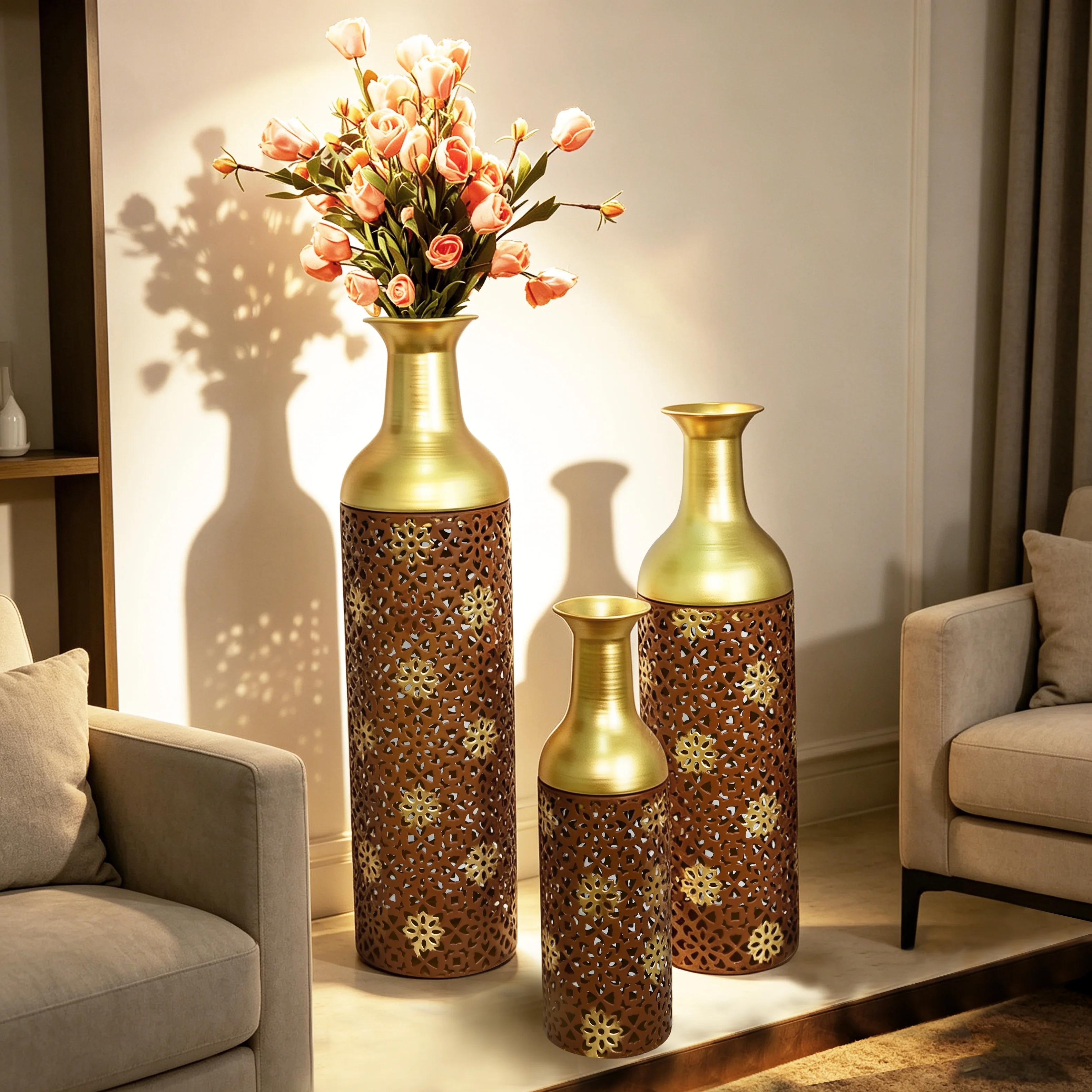 3-Tier Nesting Metal Floor Vases, Rustic Brown Leaf Tall Vases, Farmhouse Home Decor for Living Room Entryway