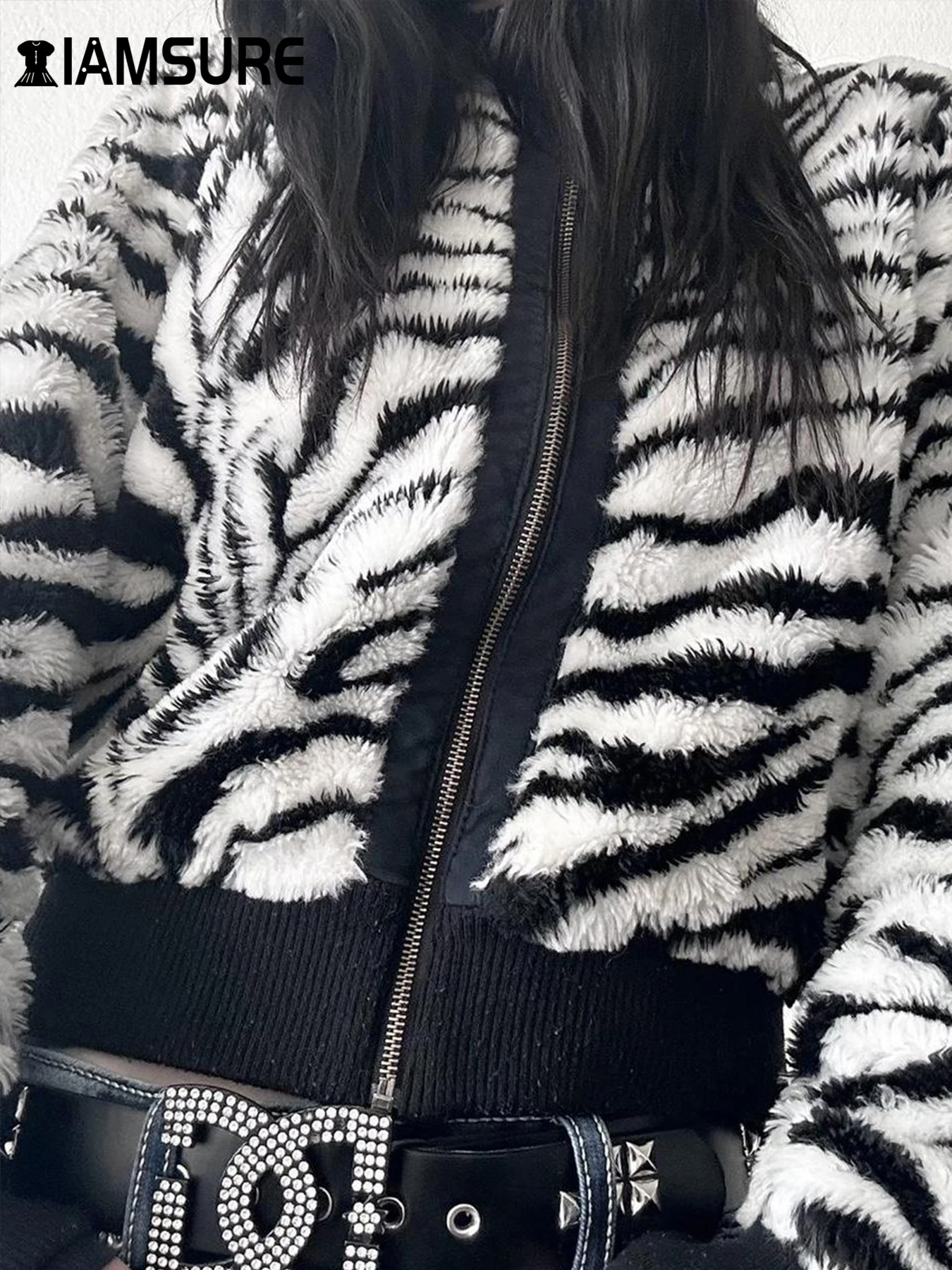 IAMSURE Casual Animal Zebra Printed Furry Coats Loose Hooded Zipper Long Sleeve Jackets Women 2024 Winter Fashion Streetwear