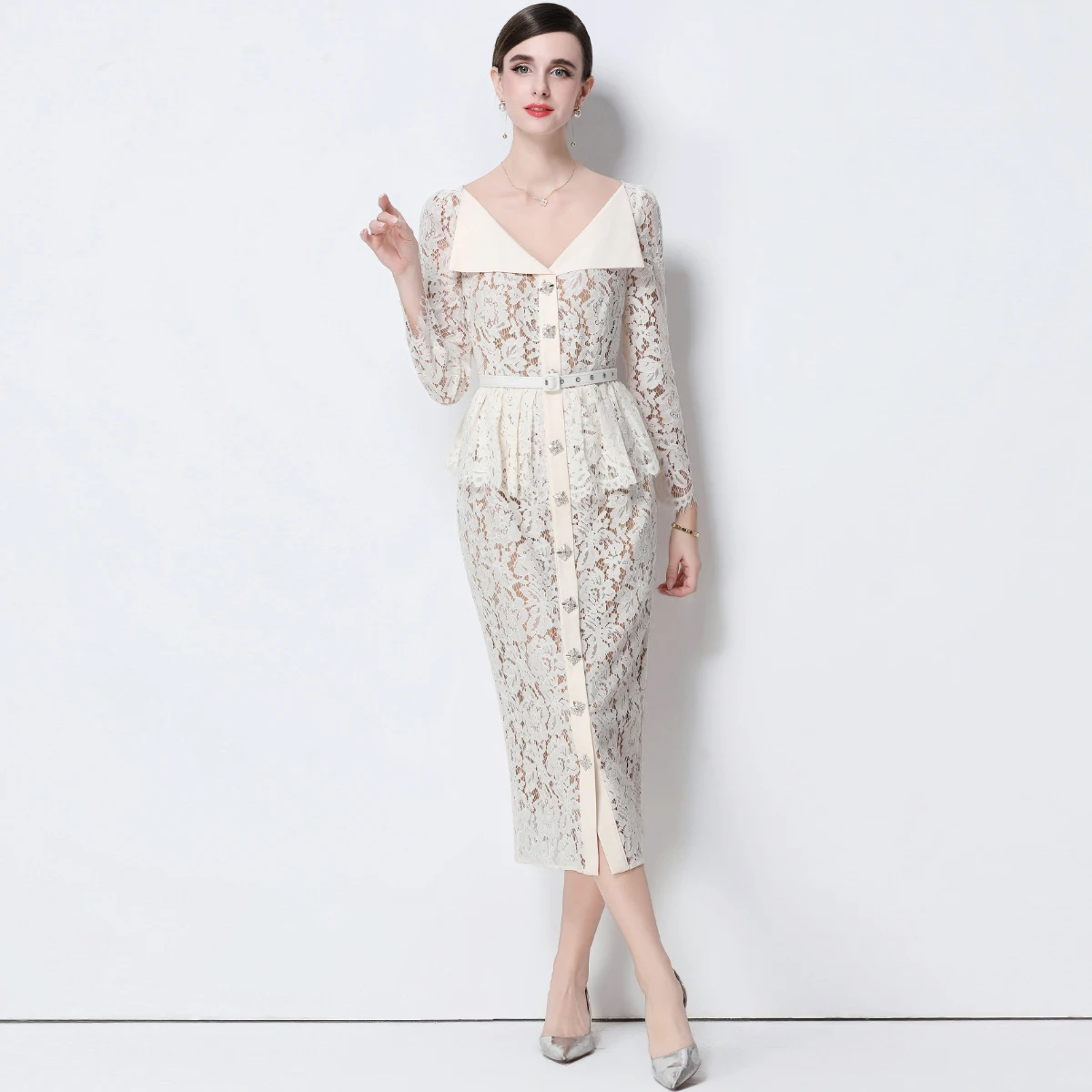 Quality Autumn Long Sleeve Midi White Lace Evening Sheath Dress Women Summer Autumn Beaded Diamonds Prom Wedding Dresses