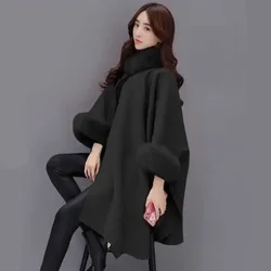 Winter New Fashion Korean Version Fox Fur Collar in Long Woolen Bat Sleeves Coat, Solid Color Temperament Cloak Cape Coat Women