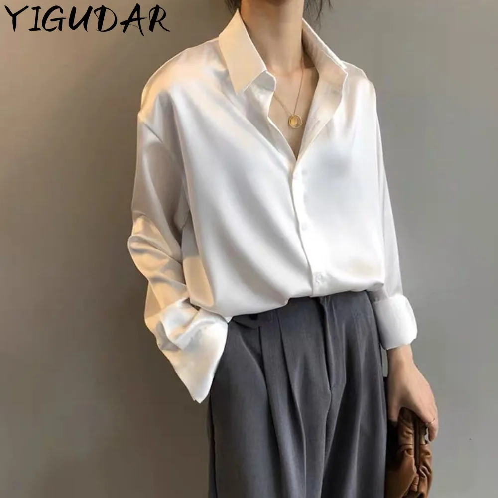 

Women Silk Shirt 2024 New Vintage Fashion Solid Button Up Long Sleeves Blouse Tops Female Summer Casual Loose Office Lady Shirts