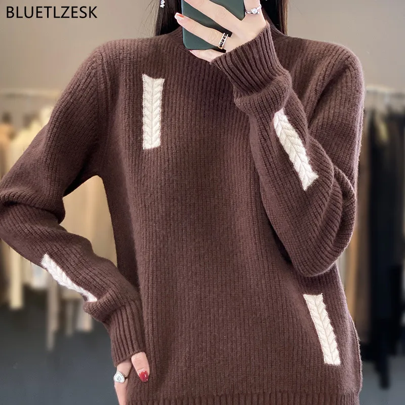 2023 Autumn Winter New Women's Clothing 100% Wool Cashmere Half High Neck Knit Sweater Soft Loose Large Size Pullover For Female