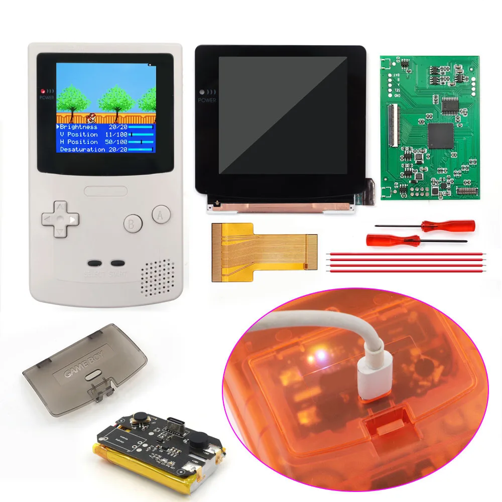 Rechargable 3.1 inch HD Laminated Q5 Larger IPS Drop in Screen Build in OSD RETRO PIXEL Screen For GBC Game Boy Color W/Shell