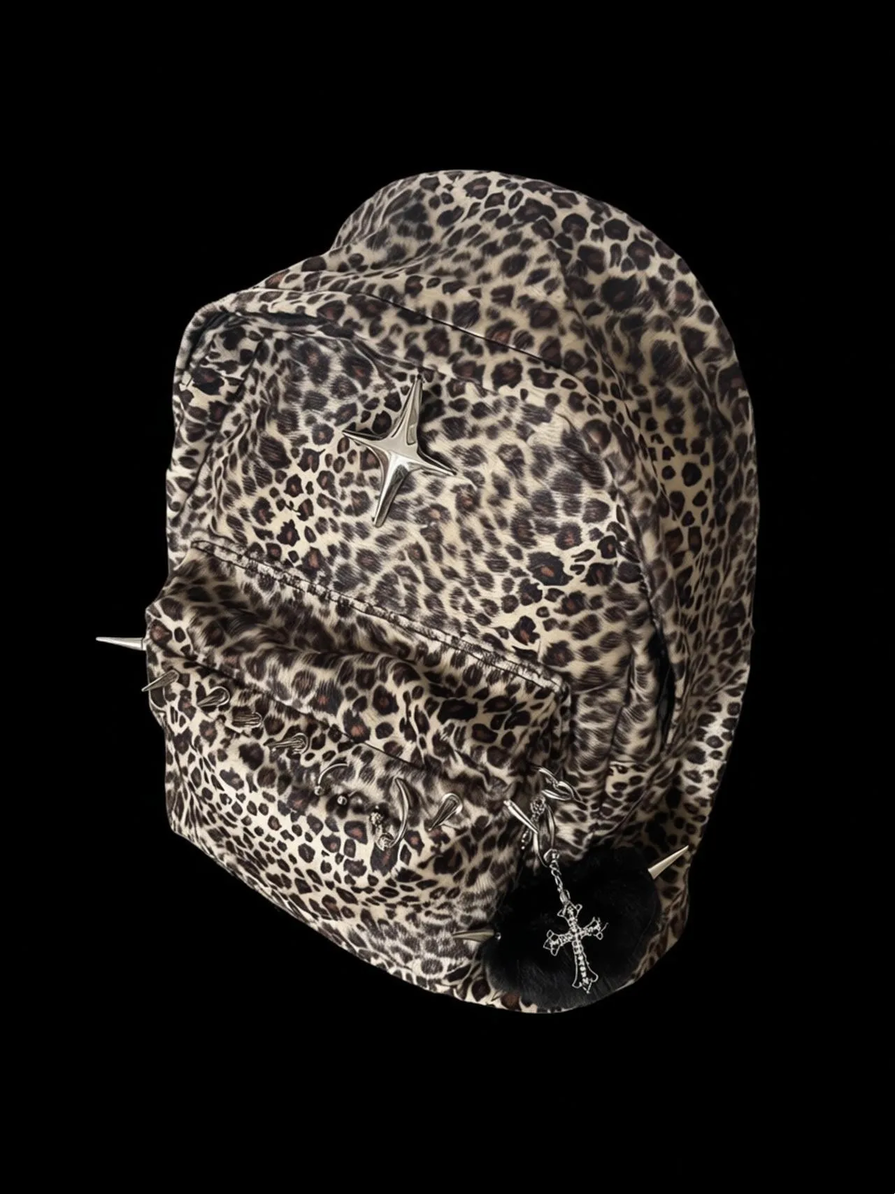 Large-Capacity Leopard Print Backpack Punk Rivet Detail Autumn Winter Shoulder Bag Trendy Cute Cool Design for Men Women