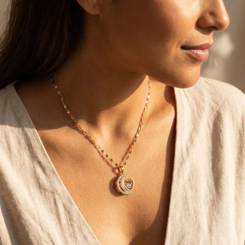 Moon Heart Inspired Choker Necklace for Women Golden Tone Sparkly CZ Stone Pendant Adjustable Romantic Daily Jewelry