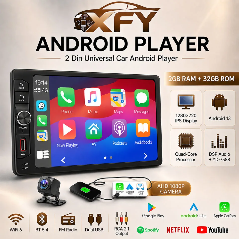 XFY Android 13 Autoradio Kabelloses Carplay Auto 2 Din 7"/9"/10" GPS-Navigator MP5-Player Glasbildschirm Wi-Fi FM BT Auto-Stereoanlage NEU