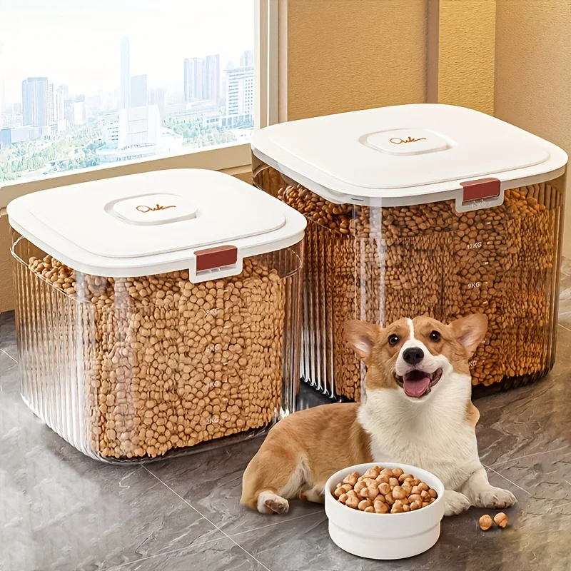 1Pc Airtight Pet Food Storage Container With Scoop-Moisture-Proof Dog & Cat Dry Food Dispenser, Square Plastic Pet Food Bin